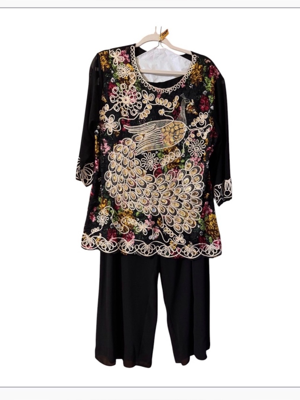 Black Embroidered Peacock unbranded tunic & Wide-Leg Alex evening Pants Set (OLC